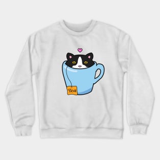 Sweet tuxedo cat sitting in a blue cup of tea Crewneck Sweatshirt